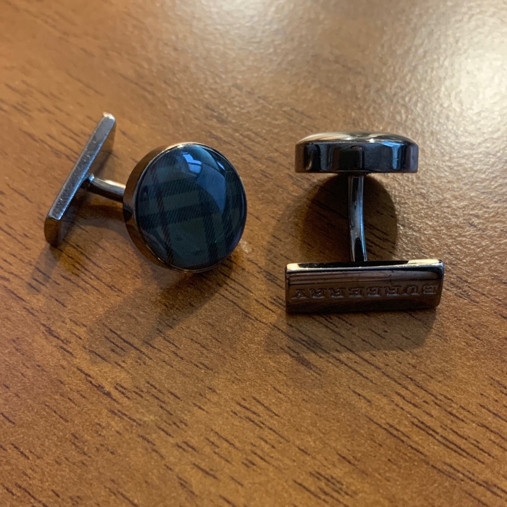Burberry Black Tone Plaid Round Cufflinks